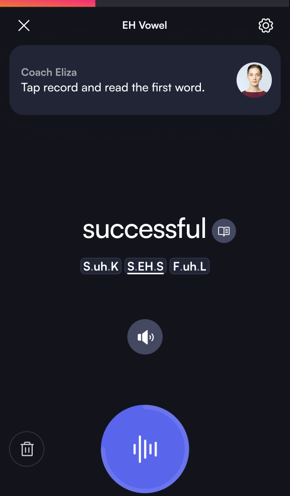 BoldVoice practice screen: Coach Eliza asks you to read the word “successful”, shown with its syllables and a record button