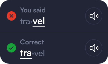 BoldVoice feedback comparing "tra-VEL", what the learner said, with the correct "TRA-vel"