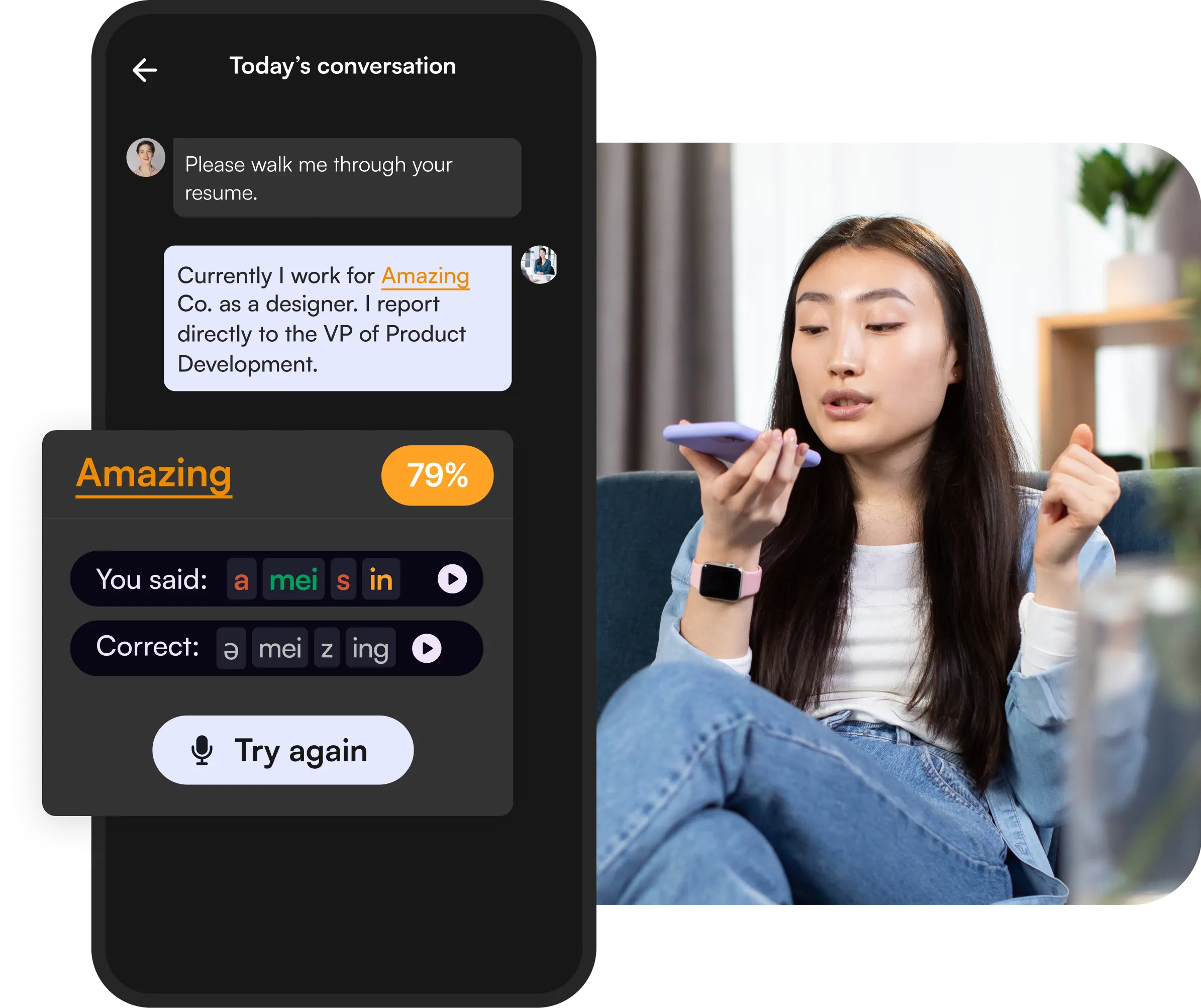 Demo of BoldVoice app; girl speaking into app on phone